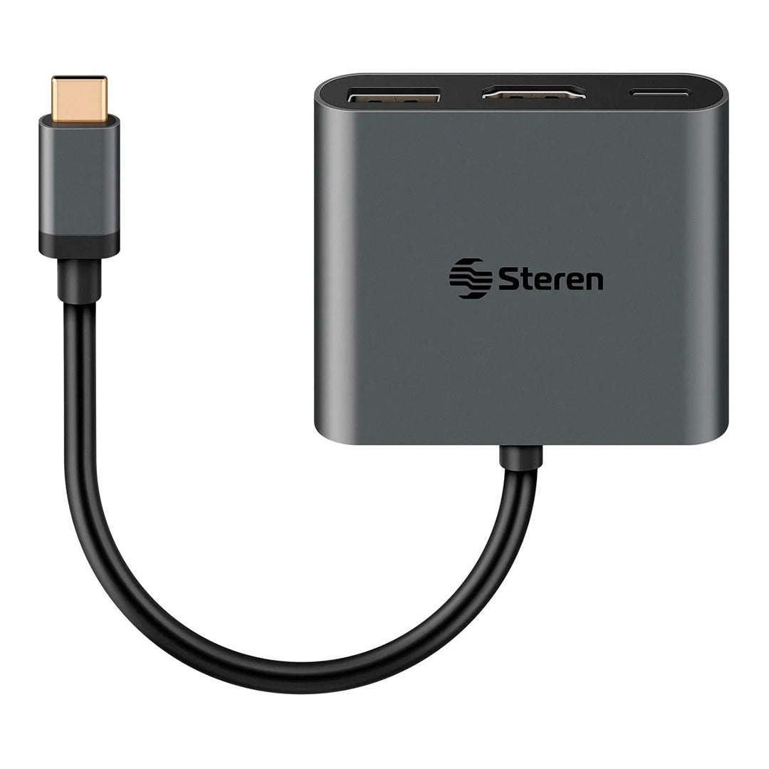 Adaptador Steren USB-C a HDMI / USB 3.0 / USB-C / Ethernet RJ45 color negro.