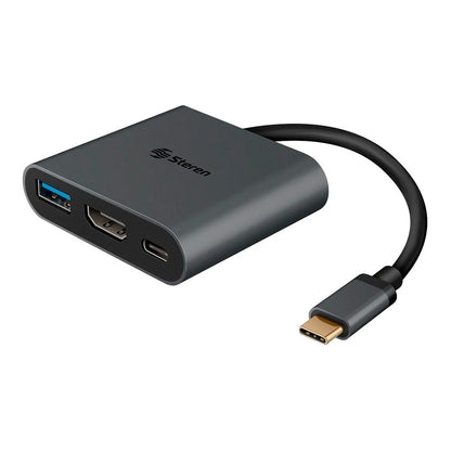 Adaptador Steren USB-C a HDMI / USB 3.0 / USB-C / Ethernet RJ45 color negro.