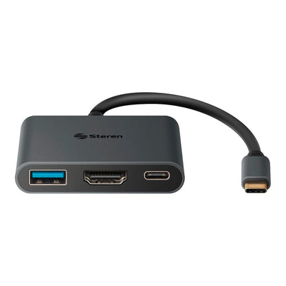 Adaptador Steren USB-C a HDMI / USB 3.0 / USB-C / Ethernet RJ45 color negro.