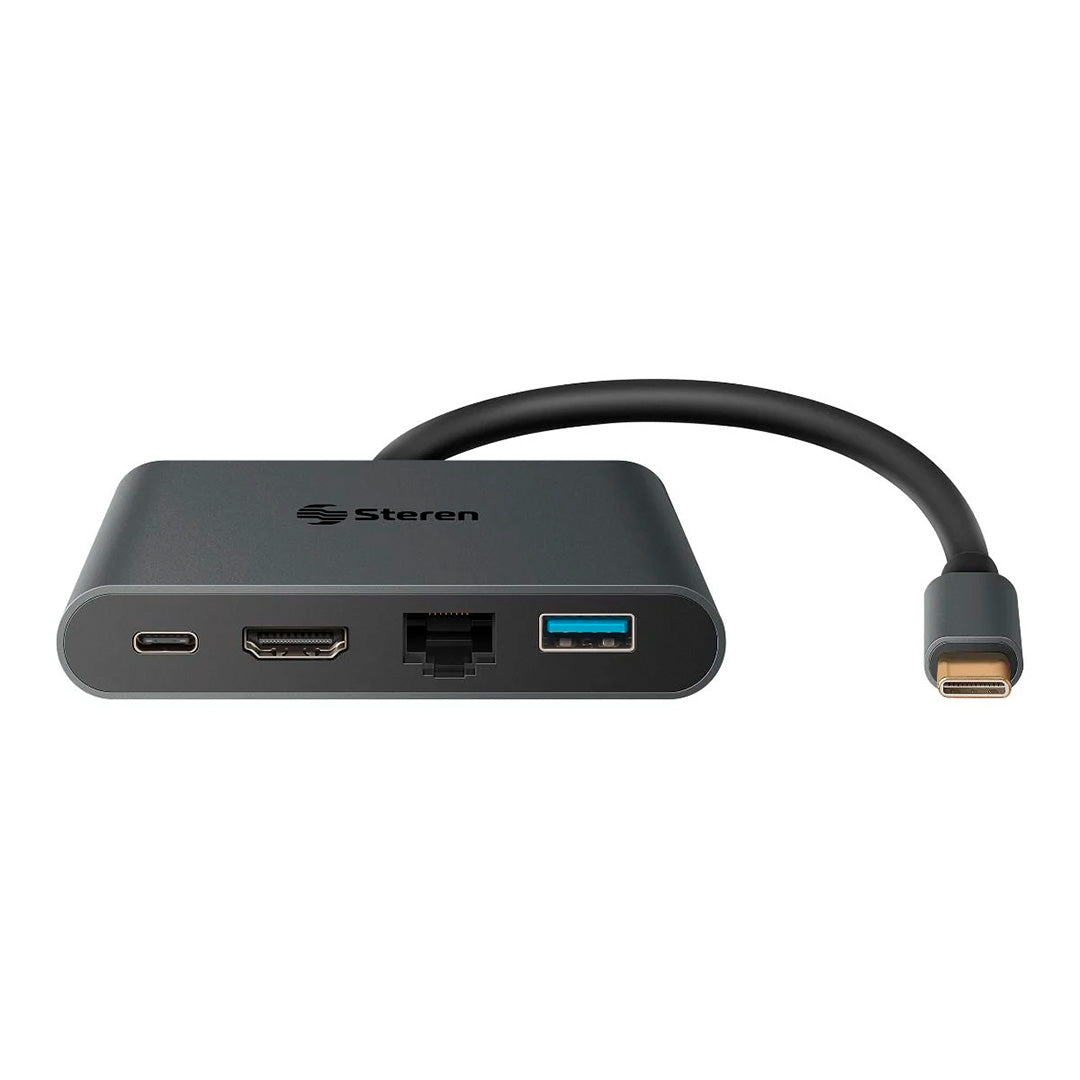 Adaptador Steren USB-C a HDMI / USB 3.0 / USB-C / Ethernet RJ45 color negro.