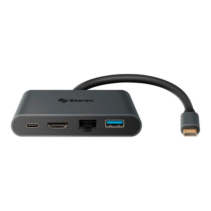 Adaptador Steren USB-C a HDMI / USB 3.0 / USB-C / Ethernet RJ45 color negro.