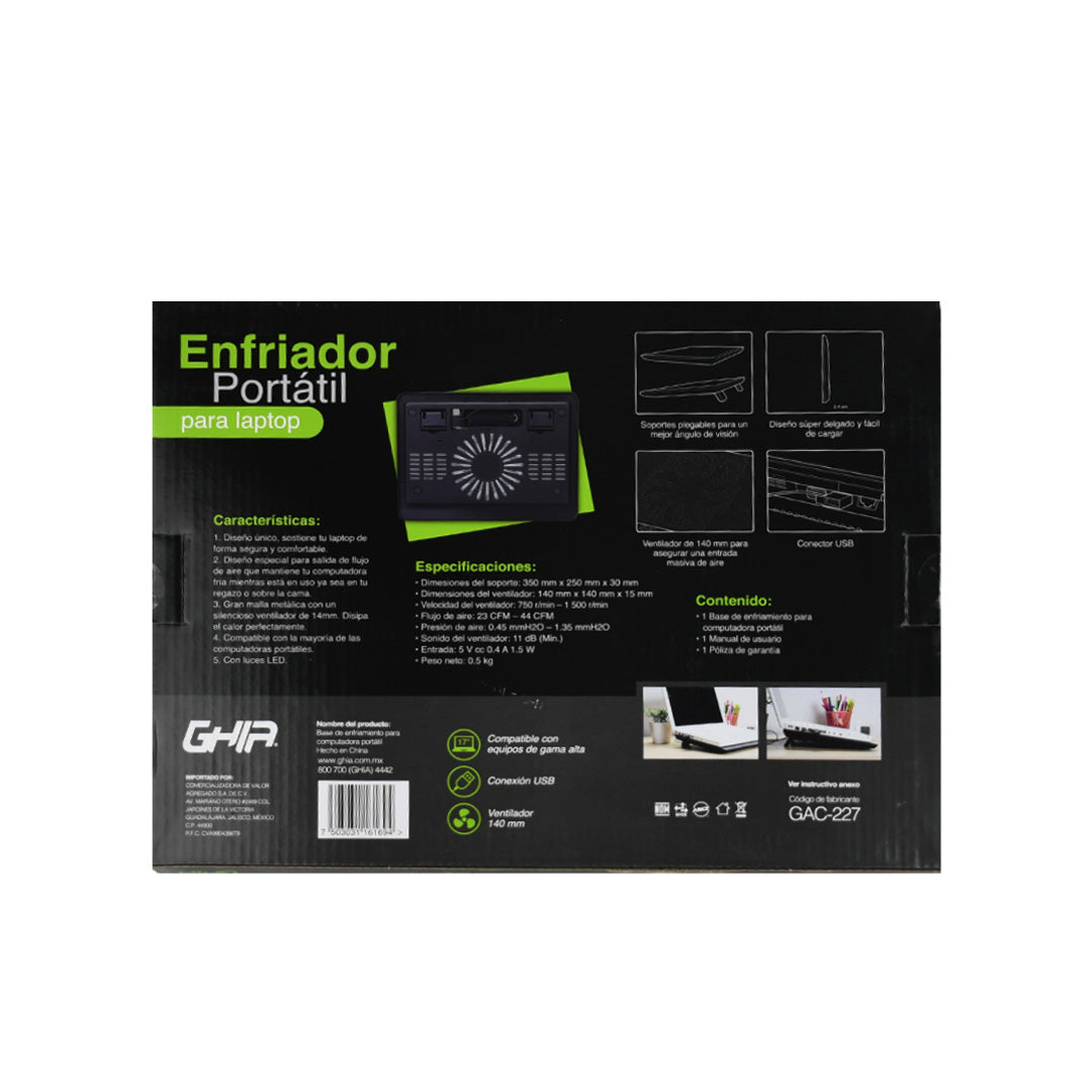 Base enfriadora GHIA para Laptop hasta  17" GAC-227 con 1 Ventilador