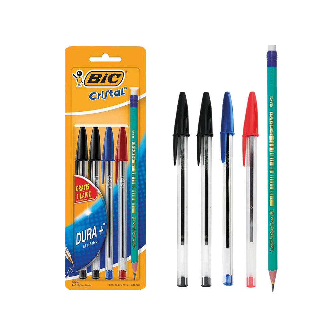 Bolígrafo Bic M-250 negro azul rojo punto mediano con 4 pzas más un lápiz.