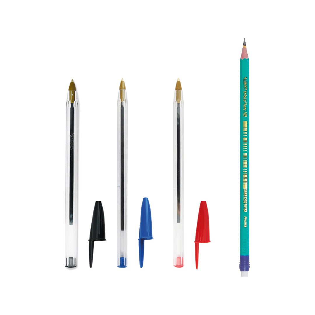 Bolígrafo Bic M-250 negro azul rojo punto mediano con 4 pzas más un lápiz.