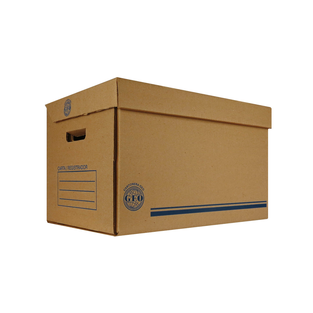 Caja de archivo Geo para registrador tamaño carta u oficio, corrugado sencillo