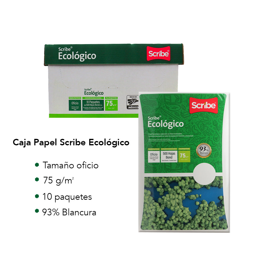 Papel bond Scribe ecológico blanco 93% blancura tamaño oficio.