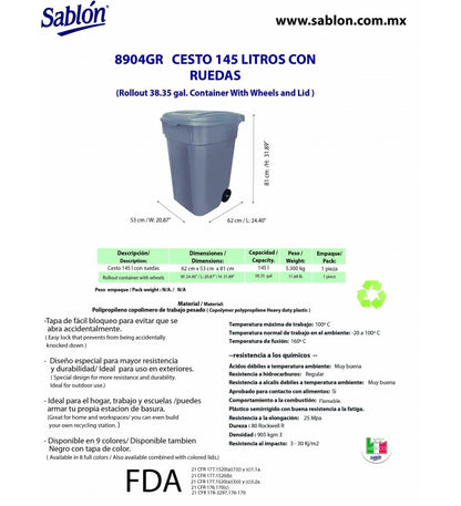 Cesto de basura Sablón 145 litros gris 8904