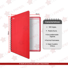 Cuaderno espiral forma francesa book pasta dura de 100 hojas.