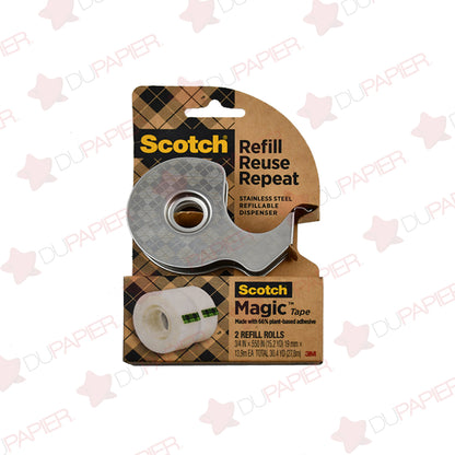 Despachador de cinta Scotch mágico metálico con 2 repuestos.