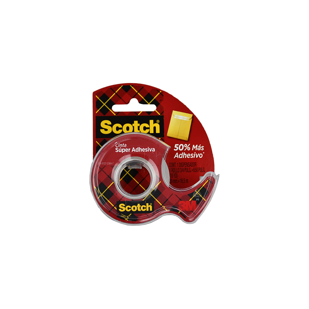 Cinta 3M súper adhesiva Scotch con despachador transparente.