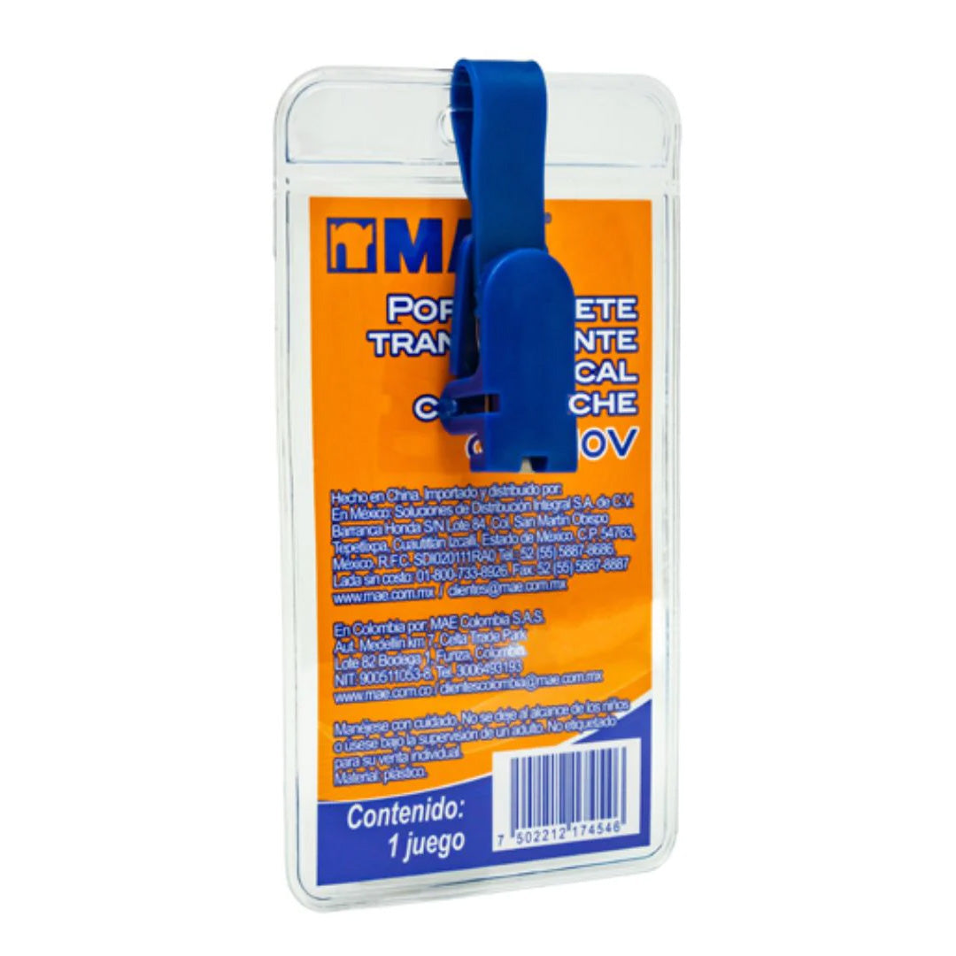 PORTAGAFETE TRANSPARENTE VERTICAL MAE GFT-10V CON BROCHE