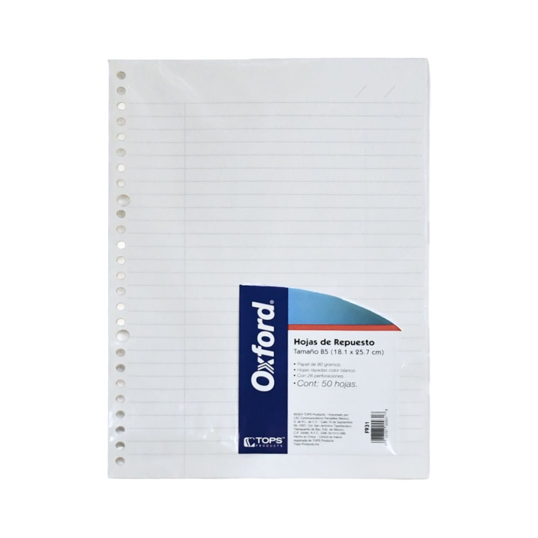 HOJAS DE REPUESTO OXFORD F931 BLANCO TAMAÑO B5 RAYA 2 PAQUETES CON 50 HOJAS CADA UNO