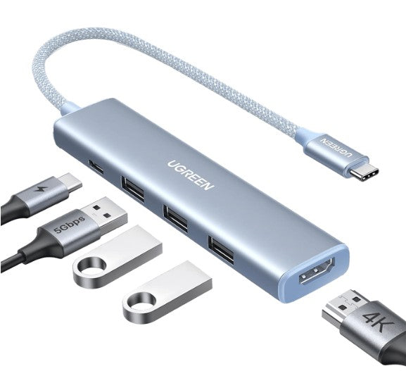 HUB USB TIPO C 5 EN 1 HDMI 2.0 4K 3 USB-A 3.0 USB-C + CARGA 100W ALUMINIO