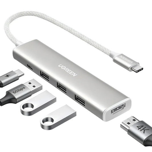 HUB USB TIPO C 5 EN 1 HDMI 2.0 4K 3 USB-A 3.0 USB-C + CARGA 100W ALUMINIO