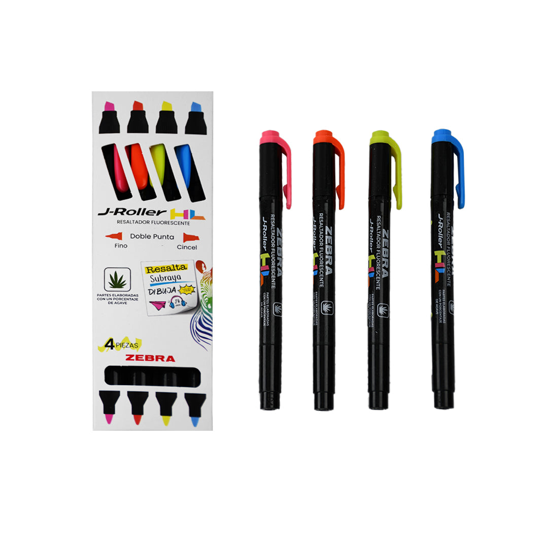 Marcatexto Zebra J-Roller HL Resaltador Duo Colores Surtidos Estuche 4 piezas