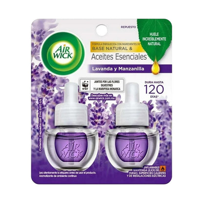 REPUESTO DE AROMATIZANTE AMBIENTAL AIR WICK ACEITES ESCENCIALES LAVANDA Y MANZANILLA 21 ML BLISTER CON 2 FRASCOS