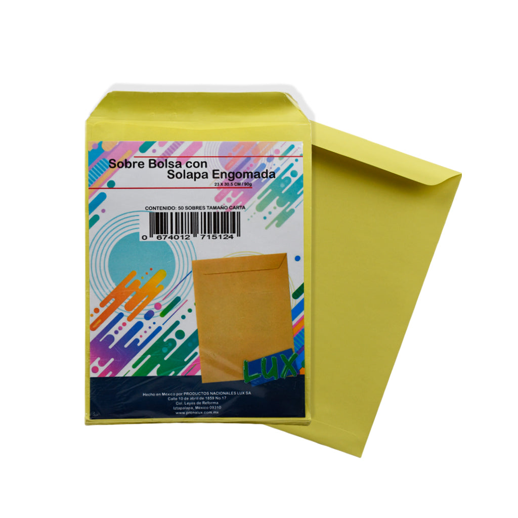 Sobre Lux manila solapa engomada carta con 50 pzas.