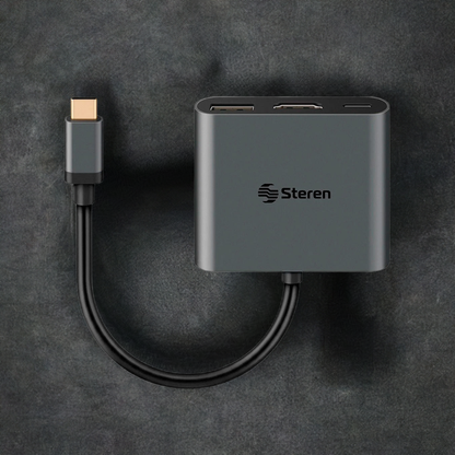 Adaptador Steren USB-C a HDMI / USB 3.0 / USB-C / Ethernet RJ45 color negro.