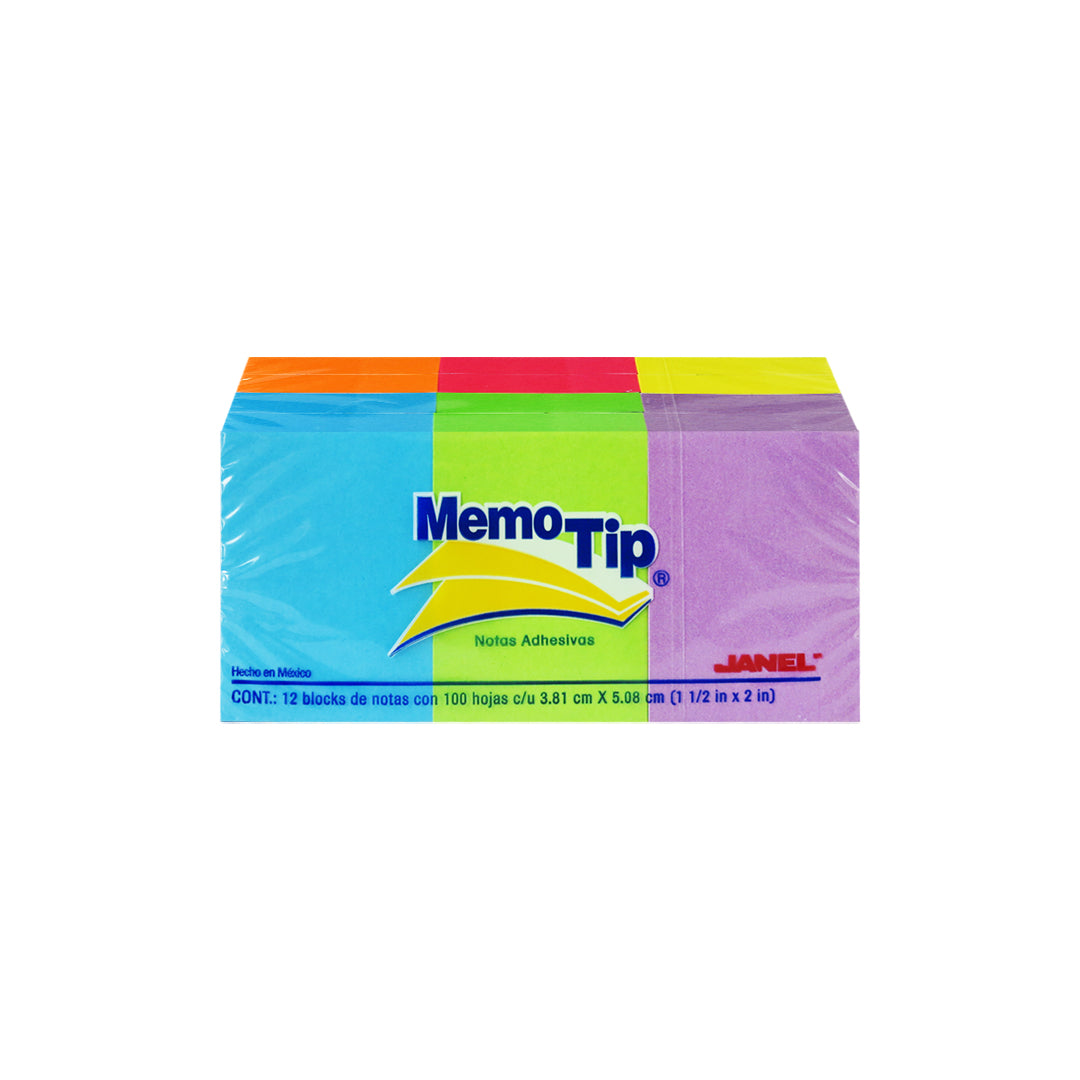 NOTAS ADHESIVAS MEMO TIP 653 3.8X5.1 NEON 100 HOJAS CON 12 PZS